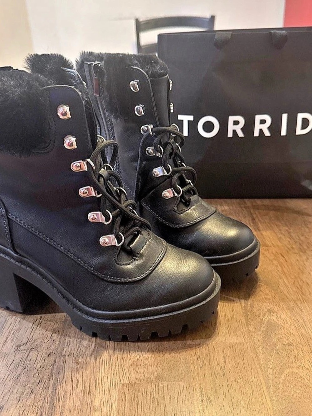 TORRID Beaux Faux Fur Lined Upper Combat Boot Black Faux Fur Combat Boots WW